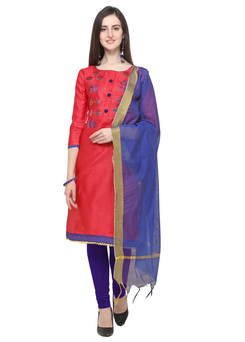 Pink embroidered cotton salwar suit with chanderi cotton dupatta