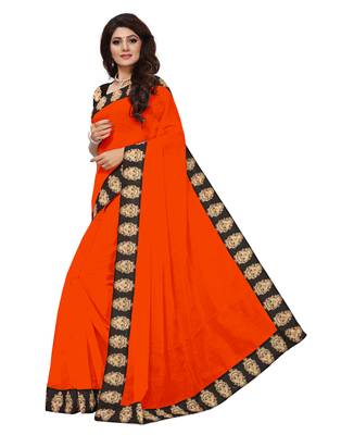 Orange plain chanderi saree with blouse 2