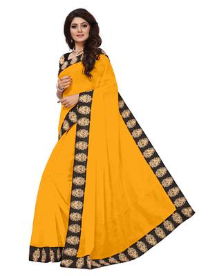 Yellow plain chanderi saree with blouse 2