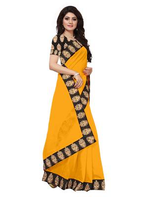 Yellow plain chanderi saree with blouse 3
