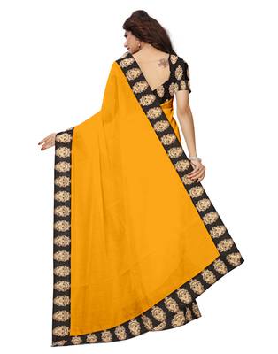 Yellow plain chanderi saree with blouse 4