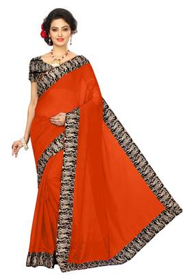 Orange plain chanderi saree with blouse 1