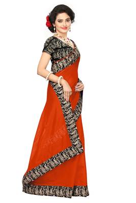 Orange plain chanderi saree with blouse 2