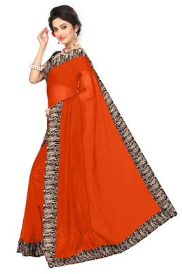 Orange plain chanderi saree with blouse 3
