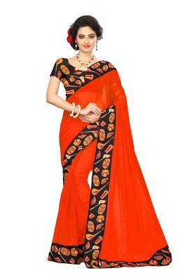 Orange plain chanderi saree with blouse 1