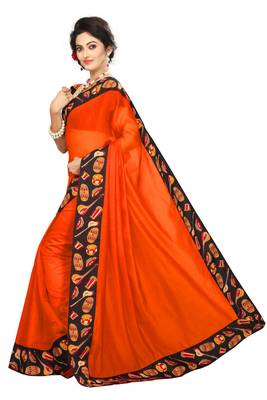 Orange plain chanderi saree with blouse 2