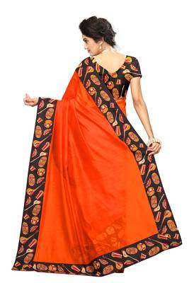 Orange plain chanderi saree with blouse 4