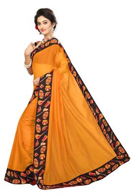 Mustard plain chanderi saree with blouse 2