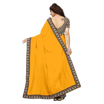 Yellow plain chanderi saree with blouse 4