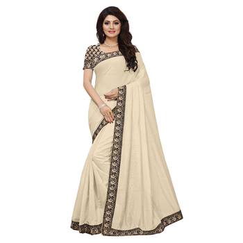 Cream plain chanderi saree with blouse 1