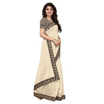 Cream plain chanderi saree with blouse 2