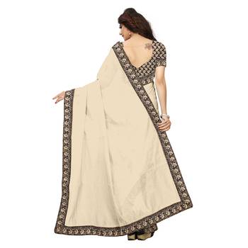 Cream plain chanderi saree with blouse 3