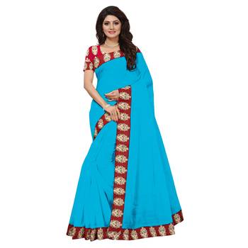 Sky blue plain chanderi saree with blouse 1