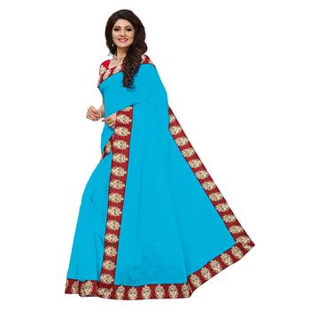 Sky blue plain chanderi saree with blouse 2