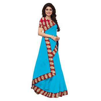 Sky blue plain chanderi saree with blouse 3