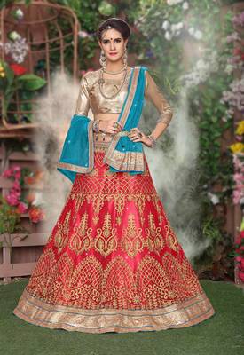Pink Embroidered Net Semi Stitched Lehenga 1