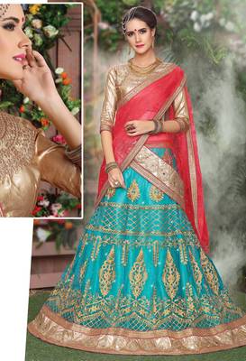 Light-Blue Embroidered Net Semi Stitched Lehenga 1