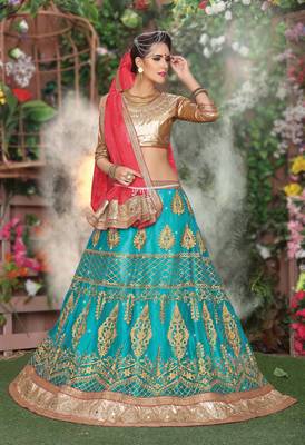 Light-Blue Embroidered Net Semi Stitched Lehenga 2