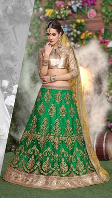 Green Embroidered Net Semi Stitched Lehenga 2