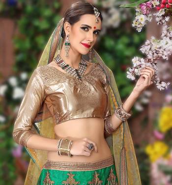 Green Embroidered Net Semi Stitched Lehenga 3