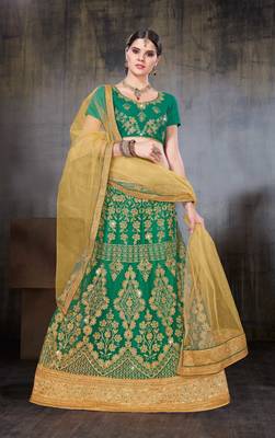 Green Embroidered Net Semi Stitched Lehenga 1