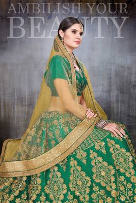 Green Embroidered Net Semi Stitched Lehenga 2