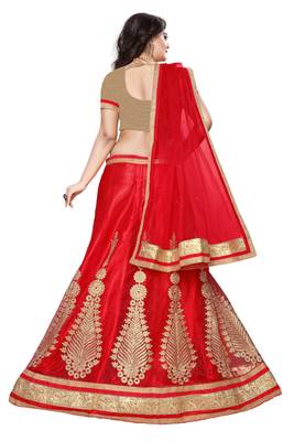 Red Embroidered Net Semi Stitched Lehenga 2