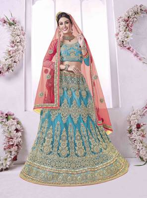 Light-Blue Embroidered Net Semi Stitched Lehenga 1
