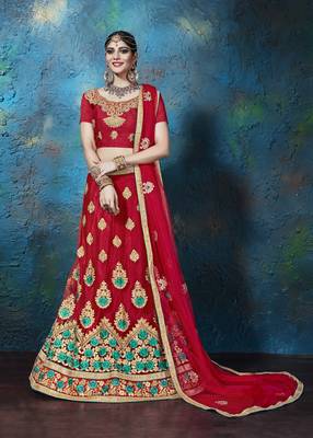 Red Embroidered Net Semi Stitched Lehenga 1