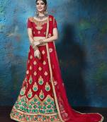 Red Embroidered Net Semi Stitched Lehenga