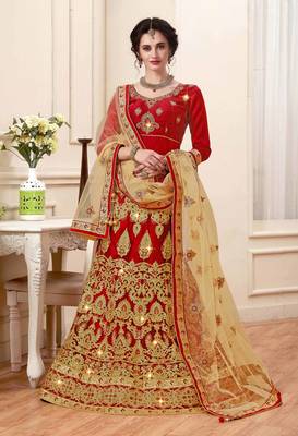 Maroon Embroidered Net Semi Stitched Lehenga 1