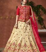 Beige Embroidered Silk Semi Stitched Lehenga