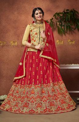Red Embroidered Silk Semi Stitched Lehenga 1