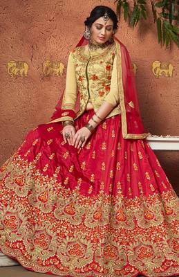 Red Embroidered Silk Semi Stitched Lehenga 2
