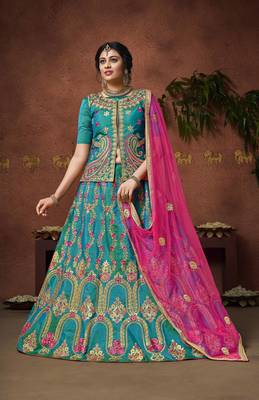 Light-Blue Embroidered Silk Semi Stitched Lehenga 1
