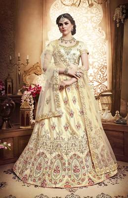 Beige Embroidered Silk Semi Stitched Lehenga 1
