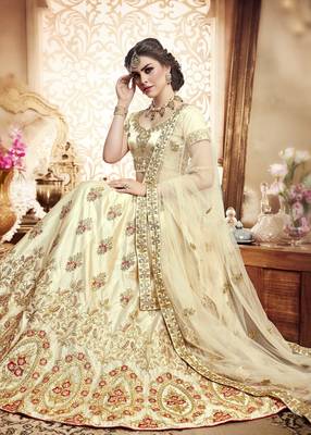 Beige Embroidered Silk Semi Stitched Lehenga 2