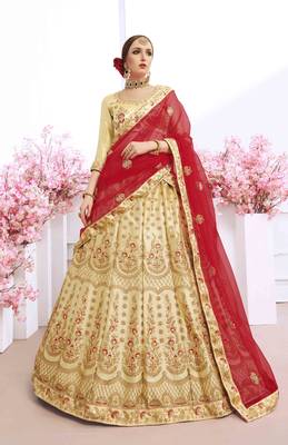 Beige Embroidered Silk Semi Stitched Lehenga 1