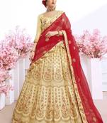 Beige Embroidered Silk Semi Stitched Lehenga