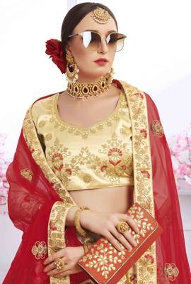 Beige Embroidered Silk Semi Stitched Lehenga 2