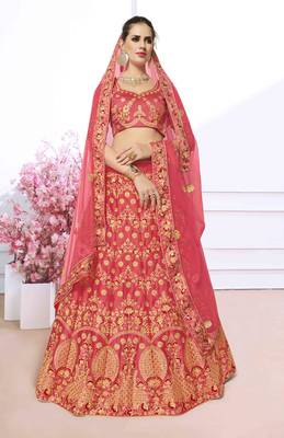 Peach Embroidered Silk Semi Stitched Lehenga 1