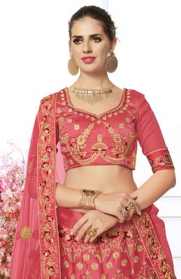 Peach Embroidered Silk Semi Stitched Lehenga 2