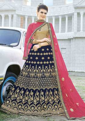 Blue Embroidered Velvet Semi Stitched Lehenga 1