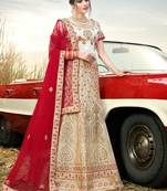 Beige Embroidered Satin Semi Stitched Lehenga