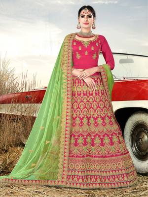 Pink Embroidered Satin Semi Stitched Lehenga 1