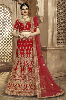 Red Embroidered Silk Semi Stitched Lehenga 1