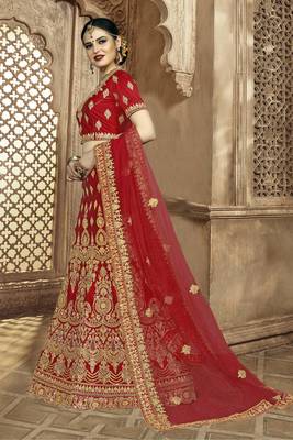 Red Embroidered Silk Semi Stitched Lehenga 2