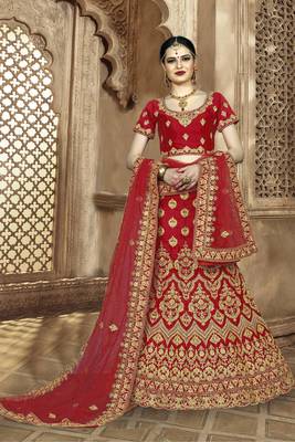 Red Embroidered Silk Semi Stitched Lehenga 1