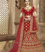 Red Embroidered Silk Semi Stitched Lehenga