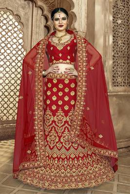 Red Embroidered Silk Semi Stitched Lehenga 2